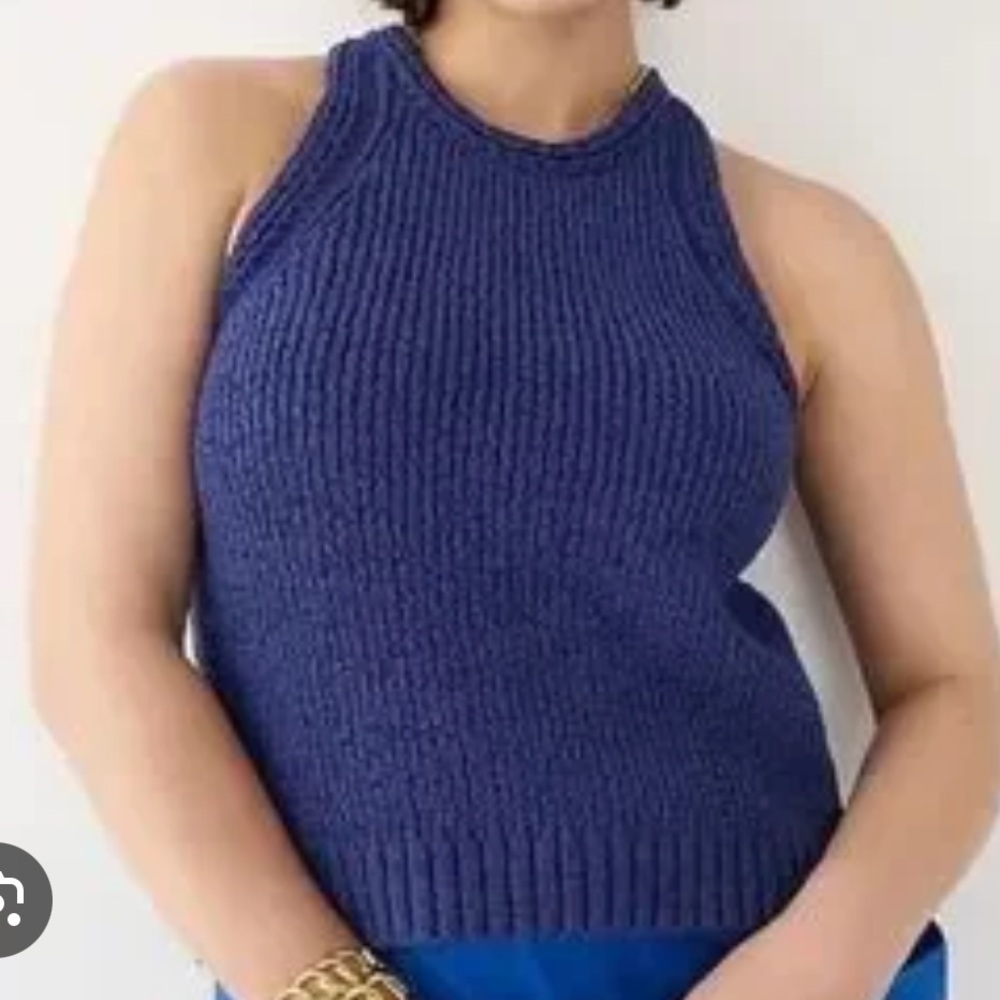 J Crew blue high neck pointelle tank sweater in xxs with crochet trim
